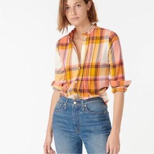 J.Crew Plaid Ruffle Neck Tuxedo Shirt Size M 100% Cotton Flannel Fall Vibes